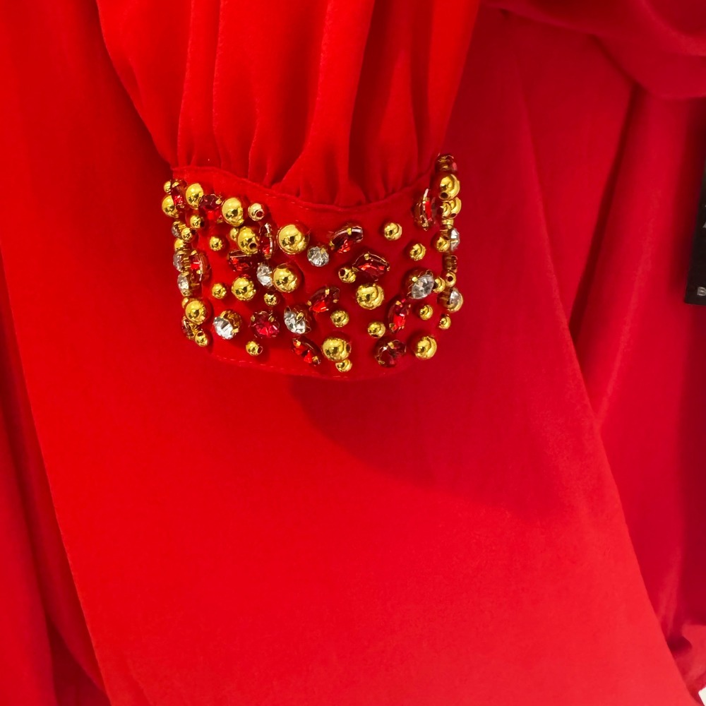Boston Proper Wrap Blouse Womens Large Red New Embellished Cuff V-Neck Top - Picture 4 of 8